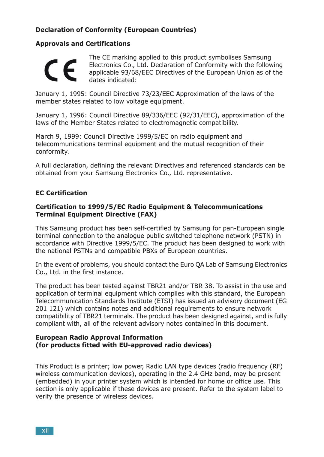 Samsung ML-2251NP manual Xii 