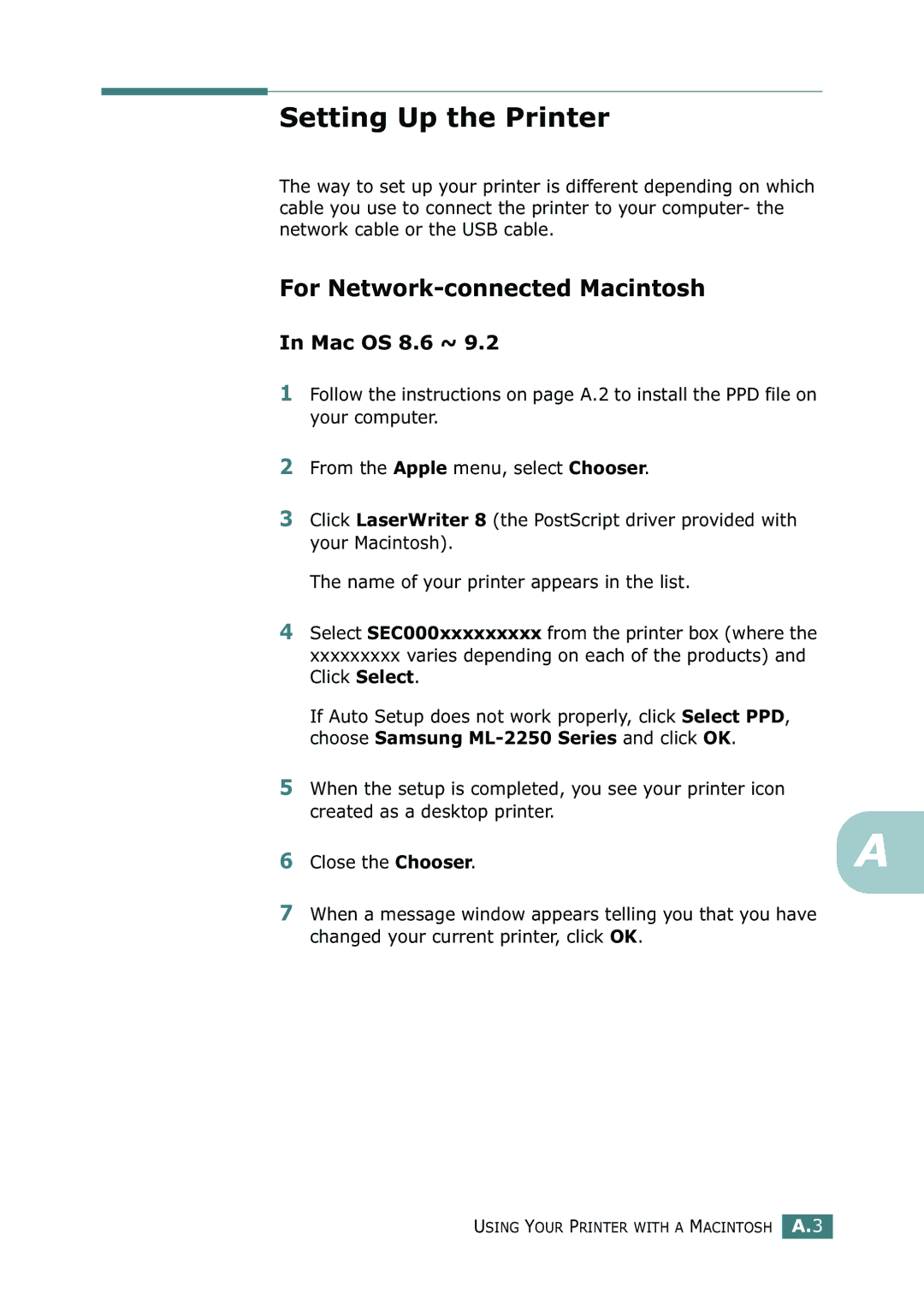 Samsung ML-2251NP manual Setting Up the Printer, For Network-connected Macintosh, Mac OS 8.6 ~ 