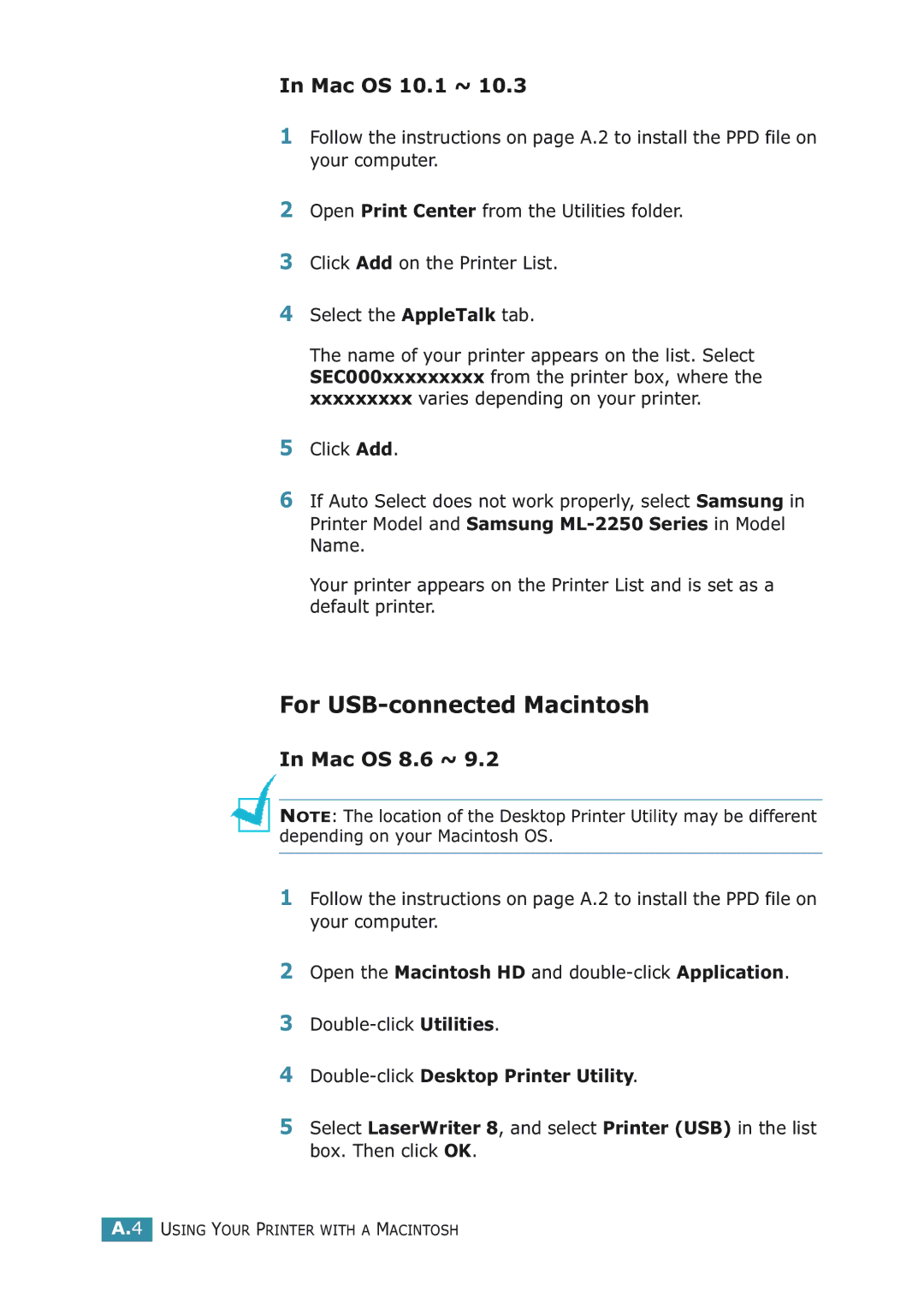 Samsung ML-2251NP manual For USB-connected Macintosh, Mac OS 10.1 ~, Double-clickDesktop Printer Utility 