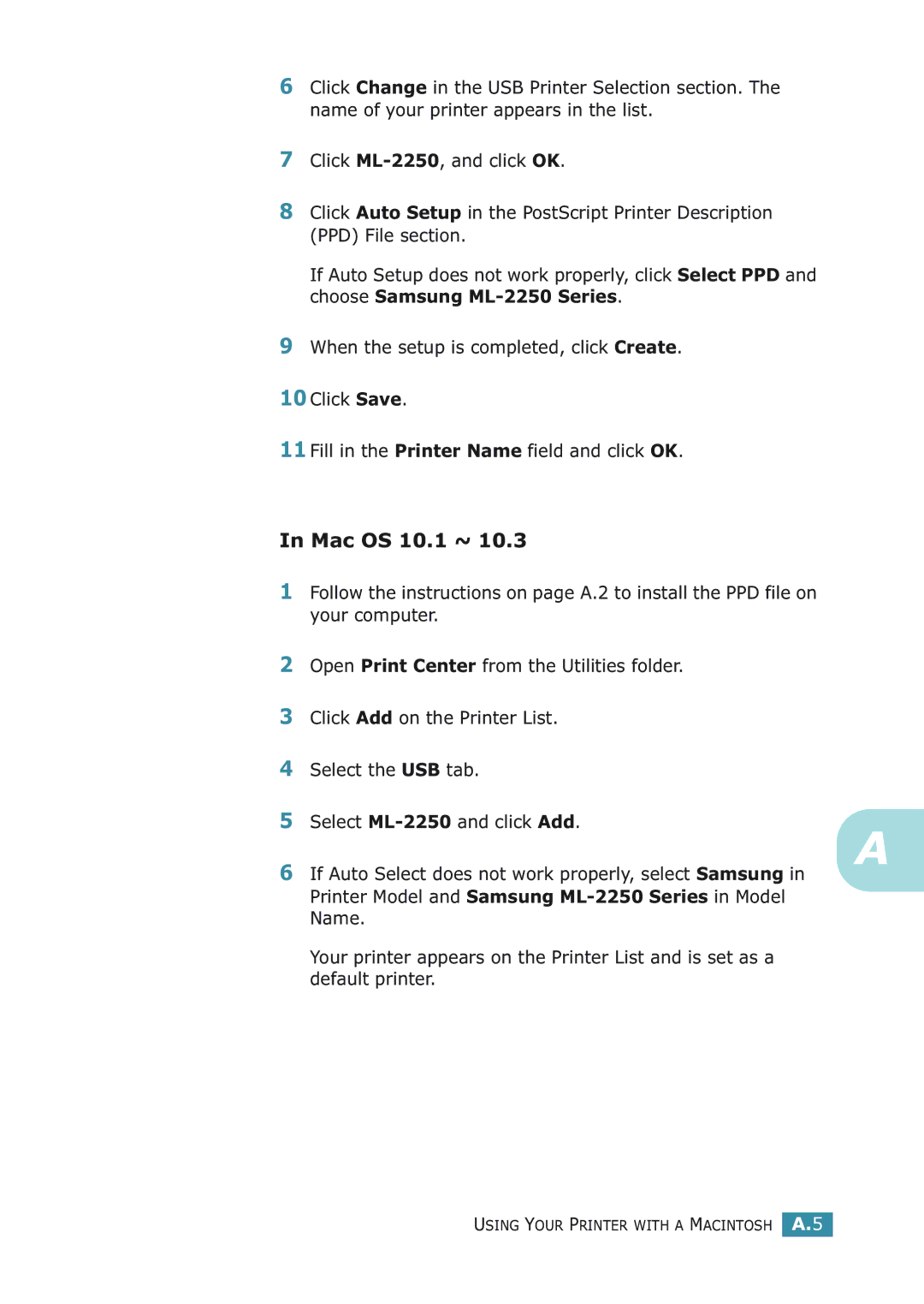 Samsung ML-2251NP manual Using Your Printer with a Macintosh A.5 