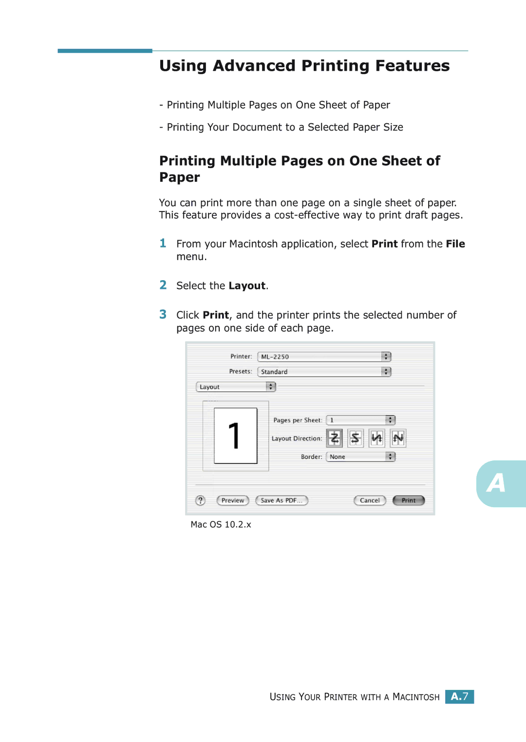 Samsung ML-2251NP manual Using Advanced Printing Features, Printing Multiple Pages on One Sheet of Paper 