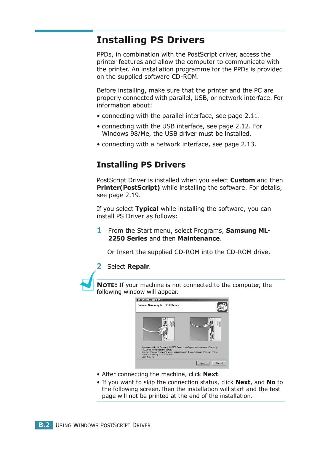 Samsung ML-2251NP manual Installing PS Drivers, Connecting with a network interface, see 