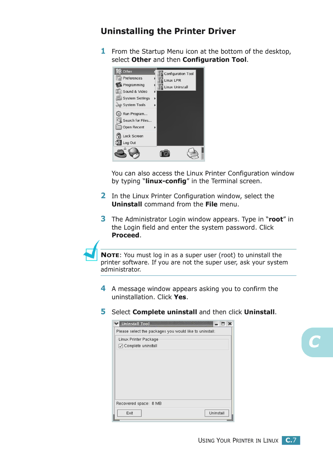 Samsung ML-2251NP manual Uninstalling the Printer Driver, Select Complete uninstall and then click Uninstall 