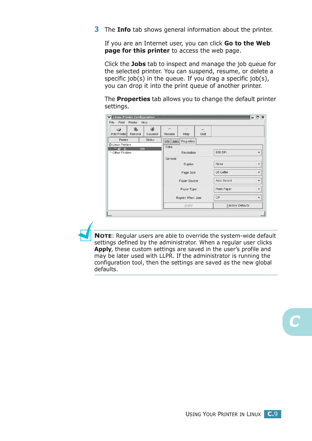 Samsung ML-2251NP manual Using Your Printer in Linux C.9 