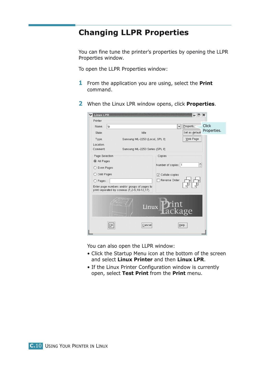 Samsung ML-2251NP manual Changing Llpr Properties 