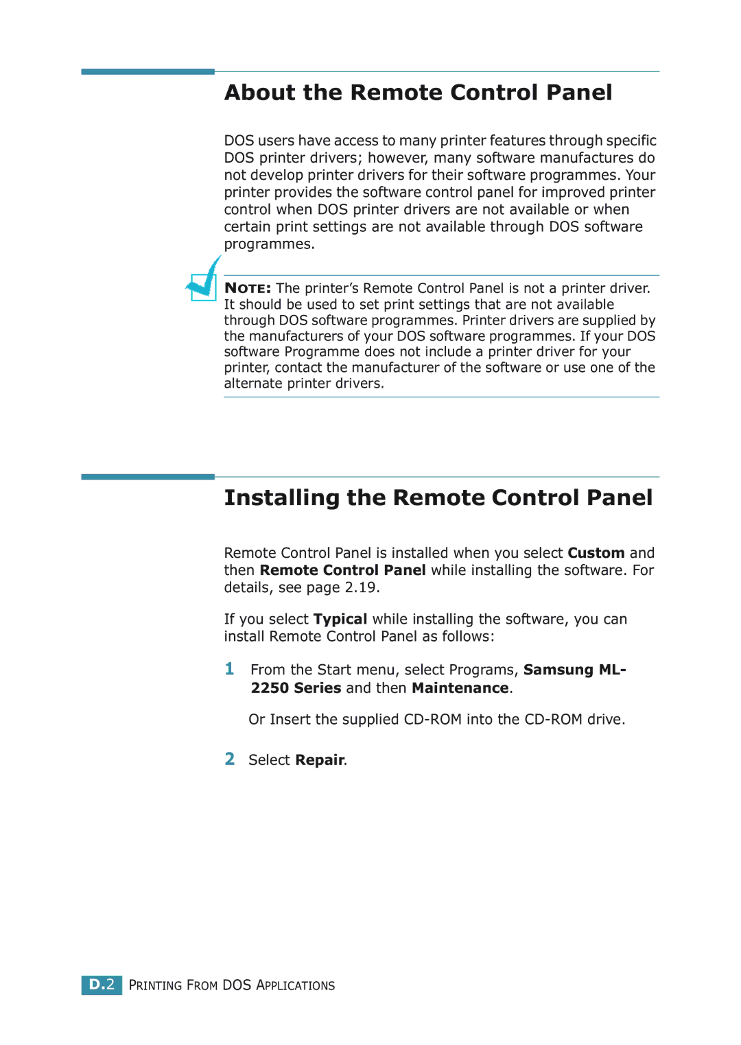 Samsung ML-2251NP manual About the Remote Control Panel, Installing the Remote Control Panel 