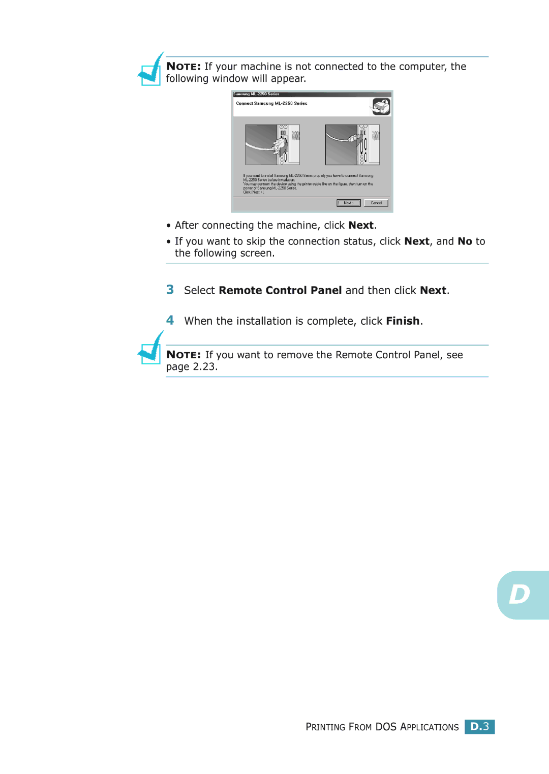 Samsung ML-2251NP manual Select Remote Control Panel and then click Next, When the installation is complete, click Finish 