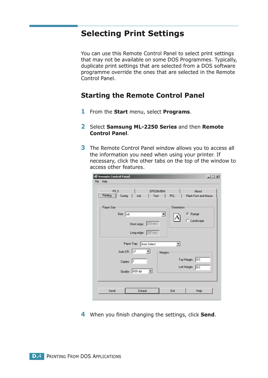 Samsung ML-2251NP manual Selecting Print Settings, Starting the Remote Control Panel 