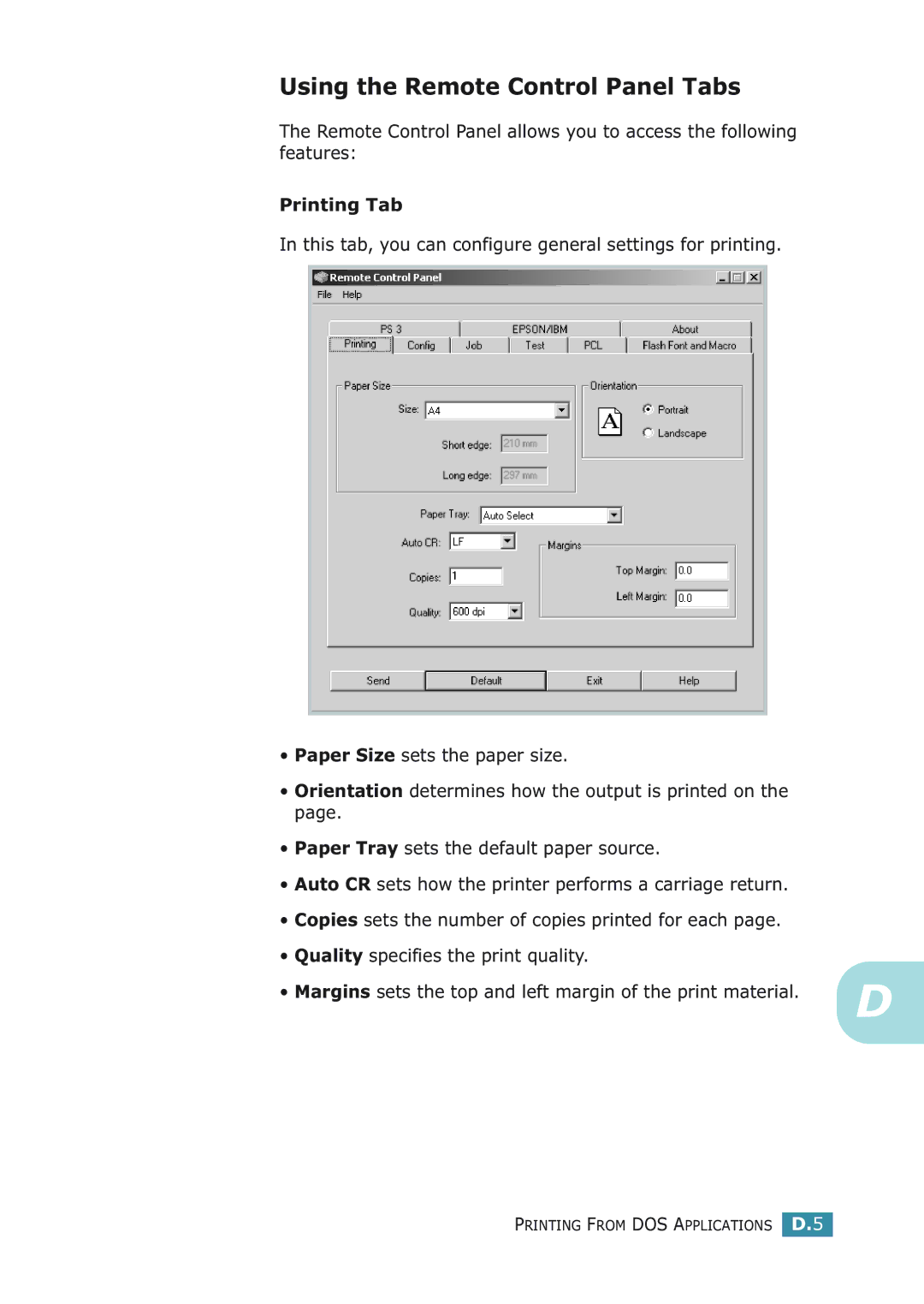 Samsung ML-2251NP manual Using the Remote Control Panel Tabs, Printing Tab 