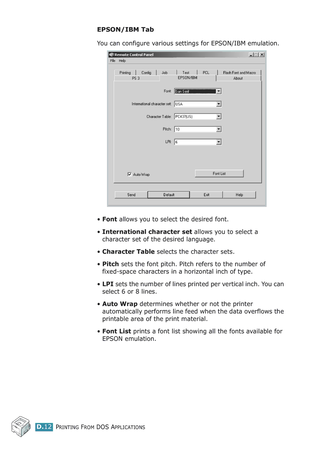 Samsung ML-2251NP manual EPSON/IBM Tab, Character Table selects the character sets 