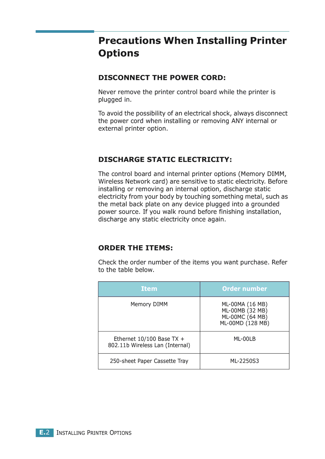 Samsung ML-2251NP manual Precautions When Installing Printer Options, Order number 