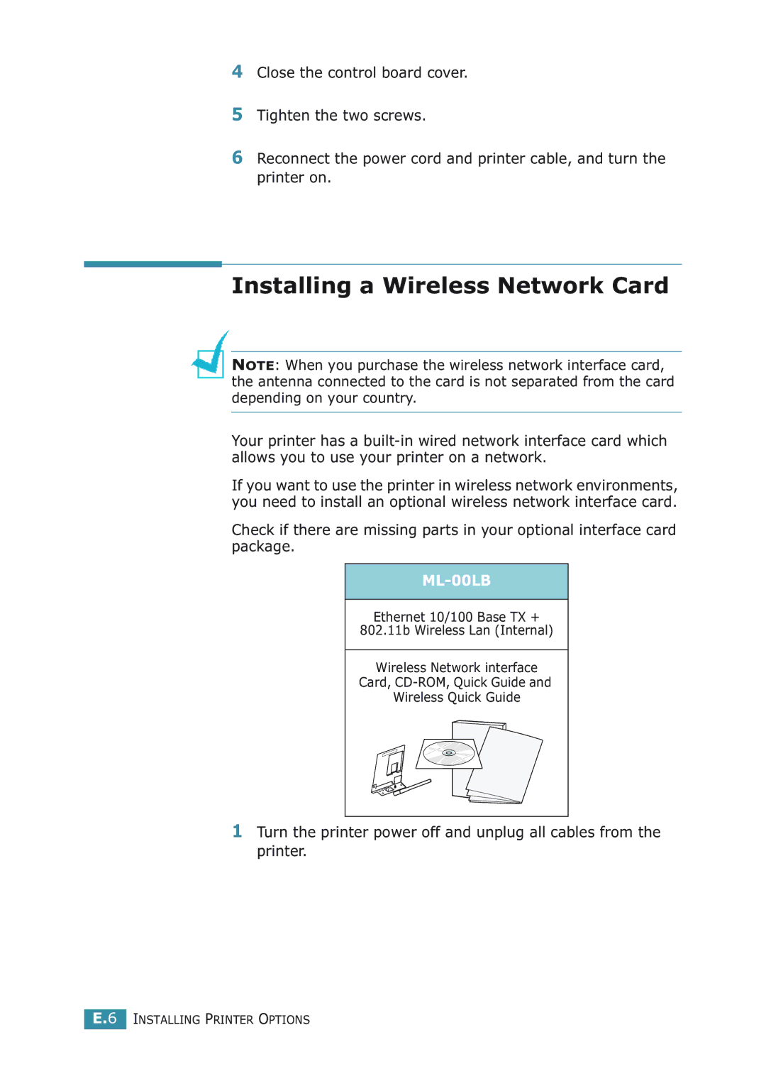 Samsung ML-2251NP manual Installing a Wireless Network Card, ML-00LB 