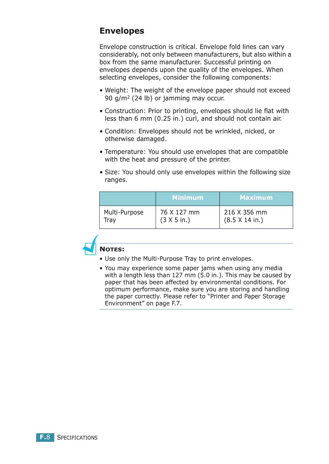 Samsung ML-2251NP manual Envelopes, Minimum Maximum 