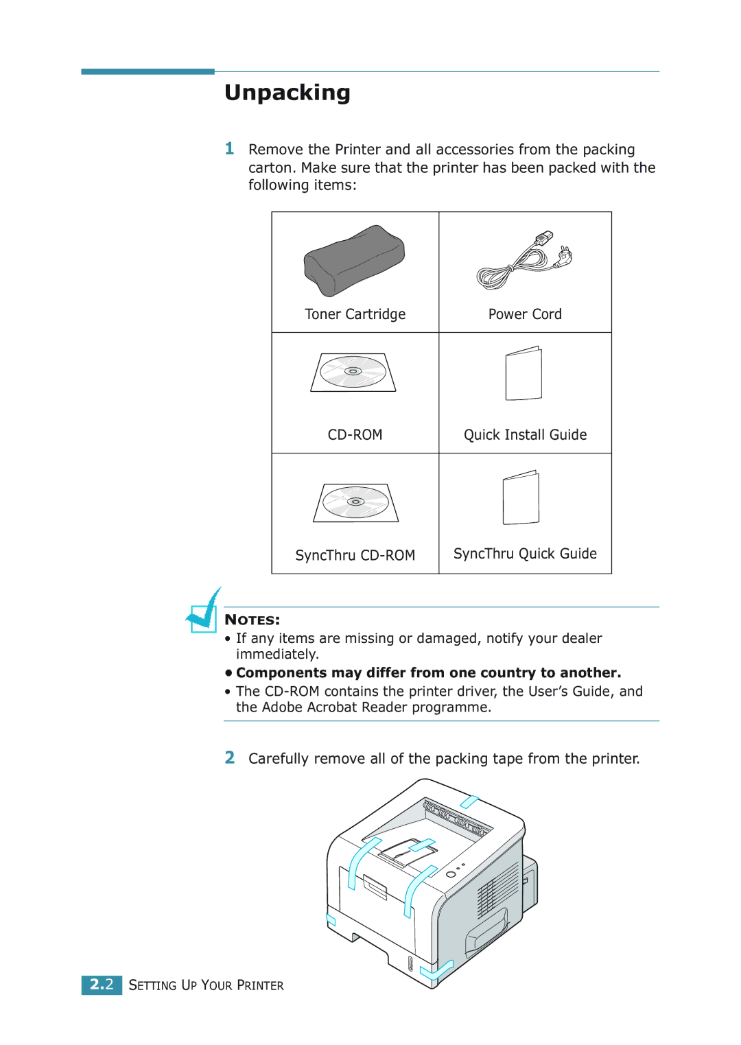 Samsung ML-2251NP manual Unpacking, Components may differ from one country to another 