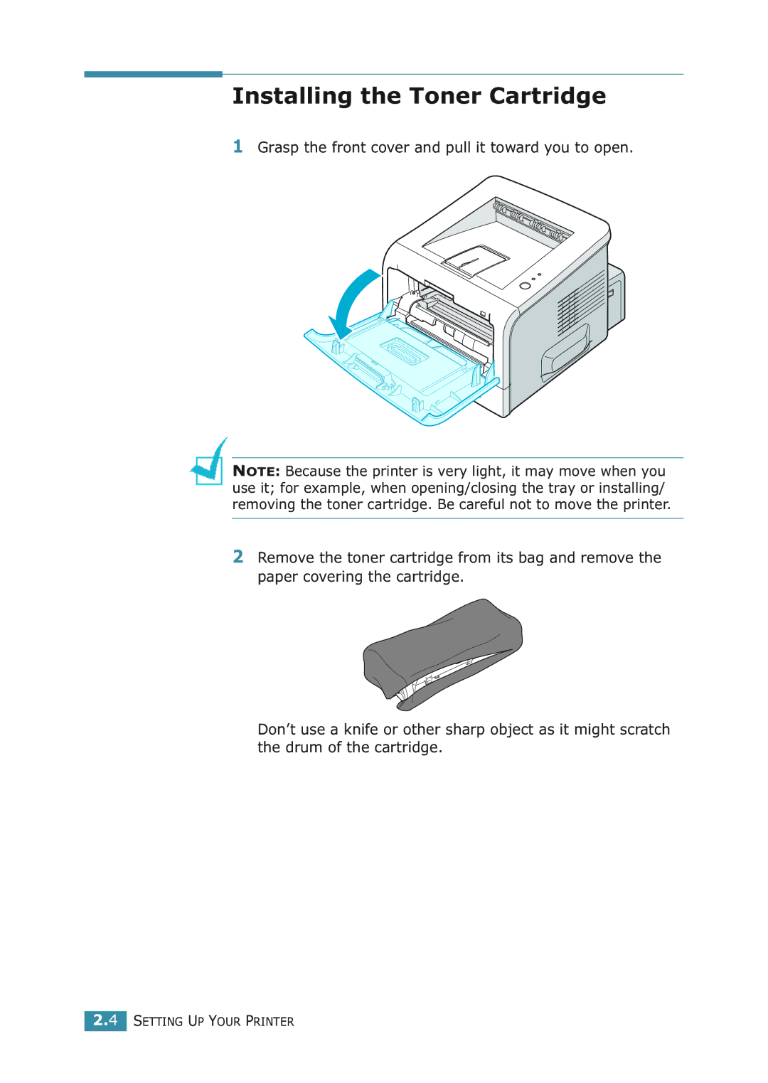 Samsung ML-2251NP manual Installing the Toner Cartridge 