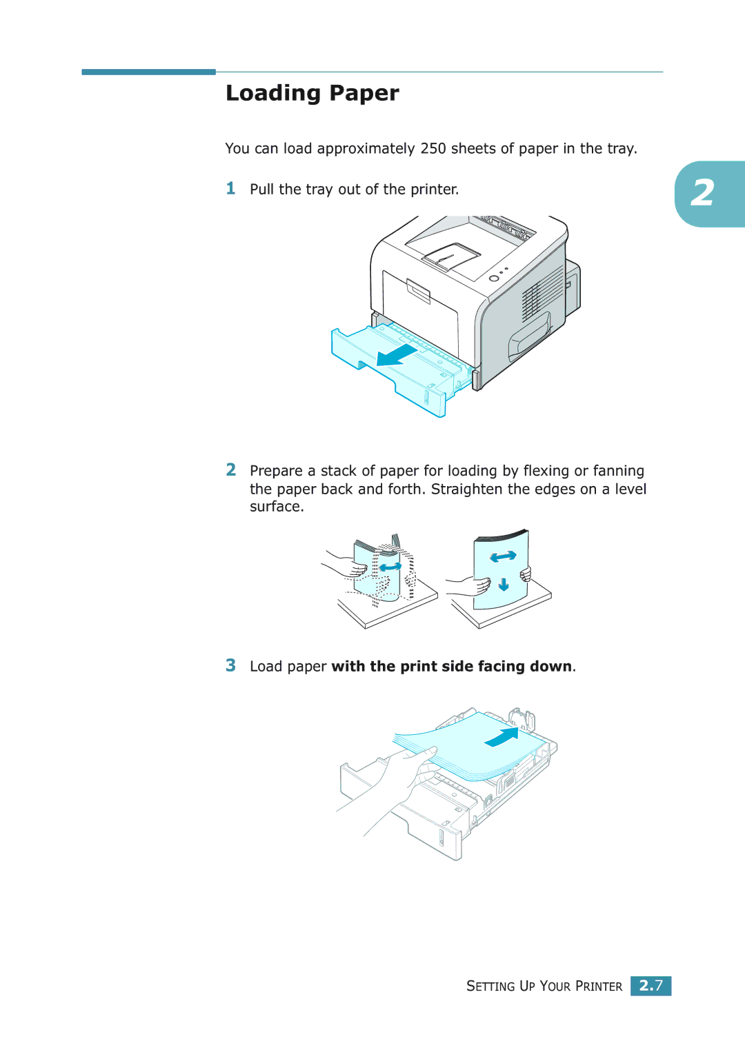 Samsung ML-2251NP manual Loading Paper, Load paper with the print side facing down 