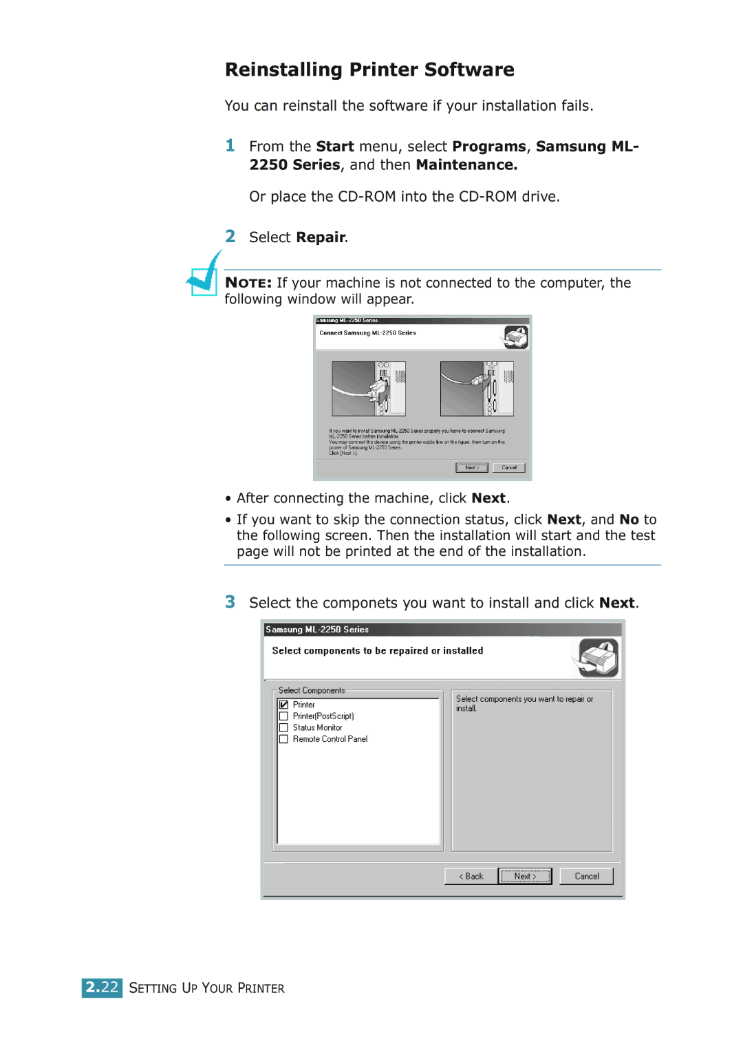 Samsung ML-2251NP manual Reinstalling Printer Software, Select the componets you want to install and click Next 