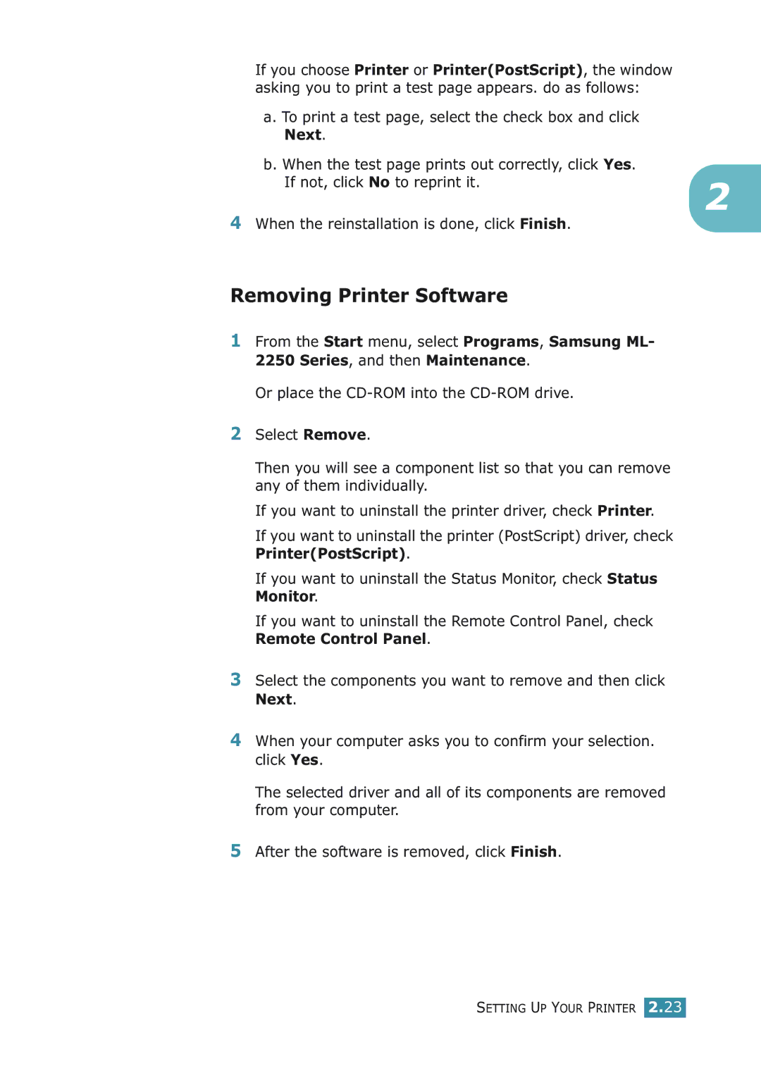 Samsung ML-2251NP manual Removing Printer Software 