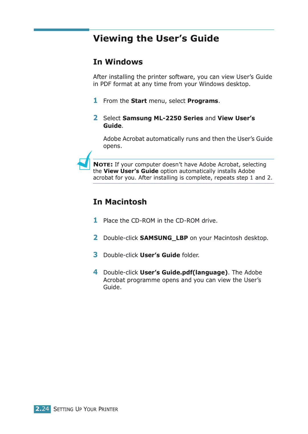 Samsung ML-2251NP manual Viewing the User’s Guide, Windows, Macintosh, Select Samsung ML-2250 Series and View User’s Guide 