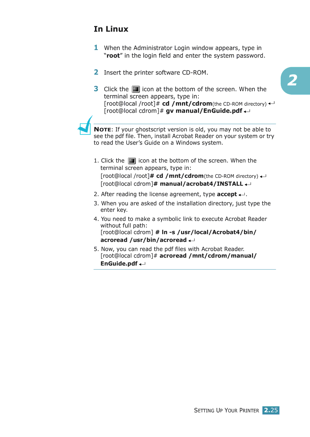 Samsung ML-2251NP Linux, Root@local cdrom# manual/acrobat4/INSTALL 