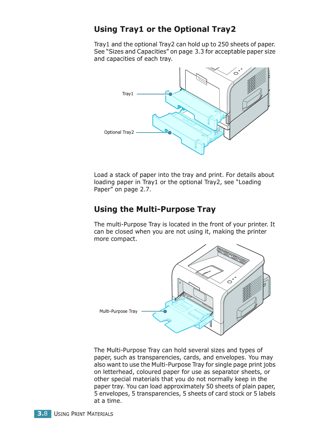 Samsung ML-2251NP manual Using Tray1 or the Optional Tray2, Using the Multi-Purpose Tray 