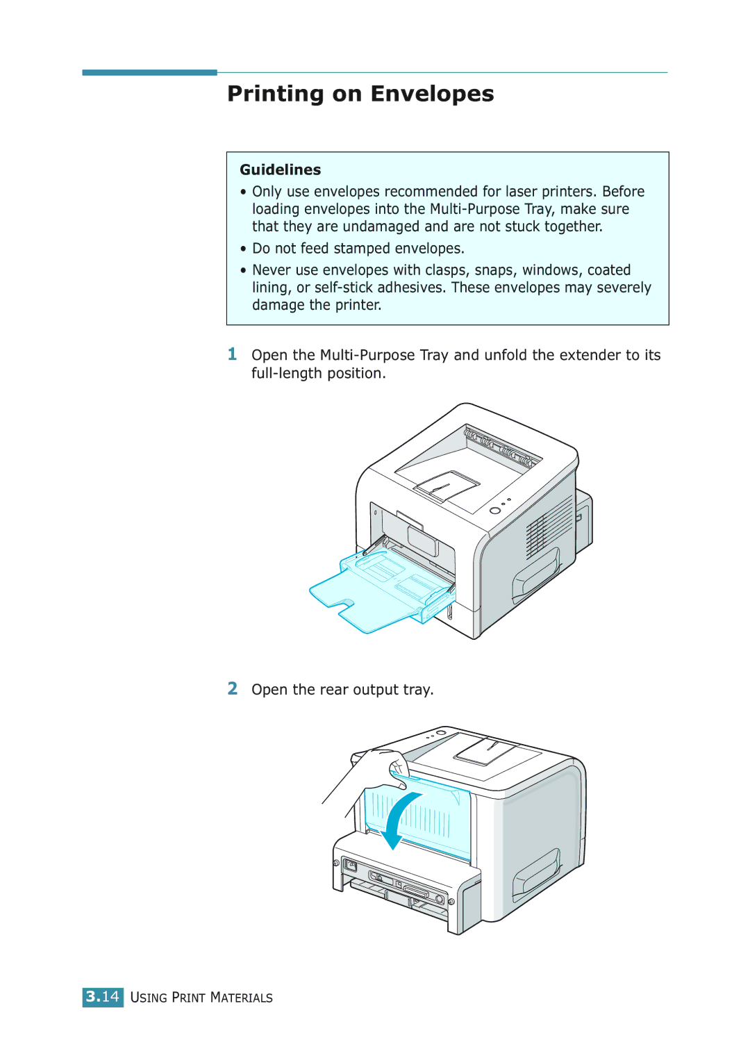 Samsung ML-2251NP manual Printing on Envelopes, Guidelines 