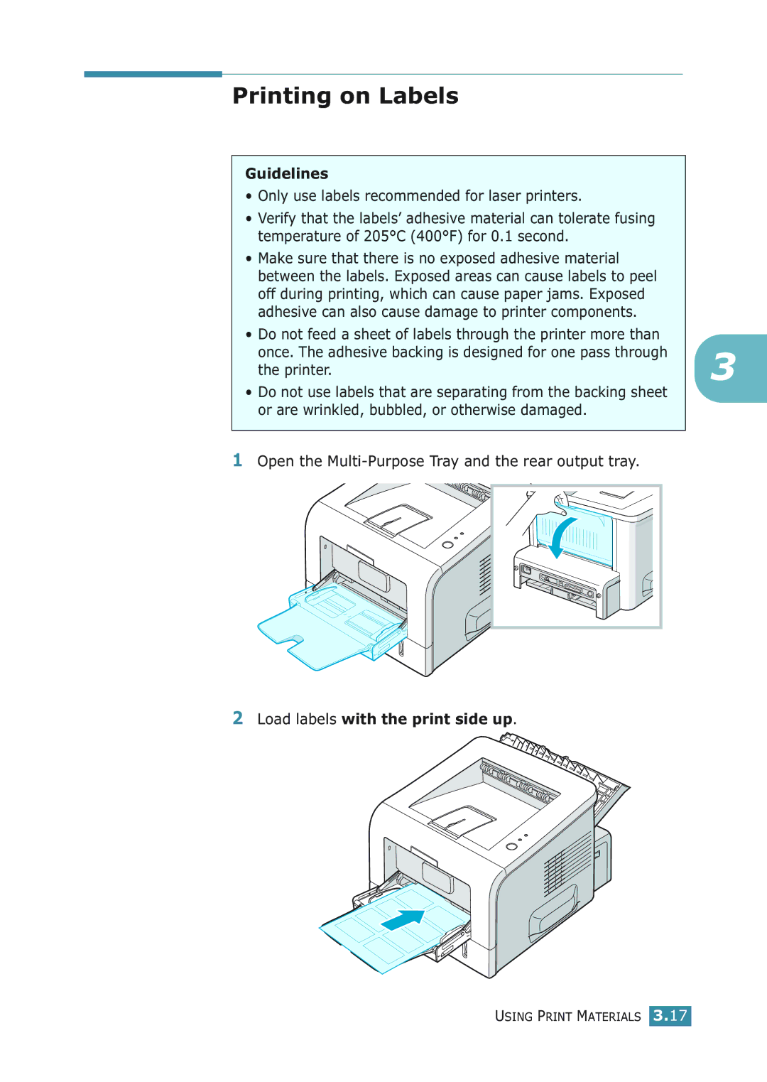 Samsung ML-2251NP manual Printing on Labels, Load labels with the print side up 