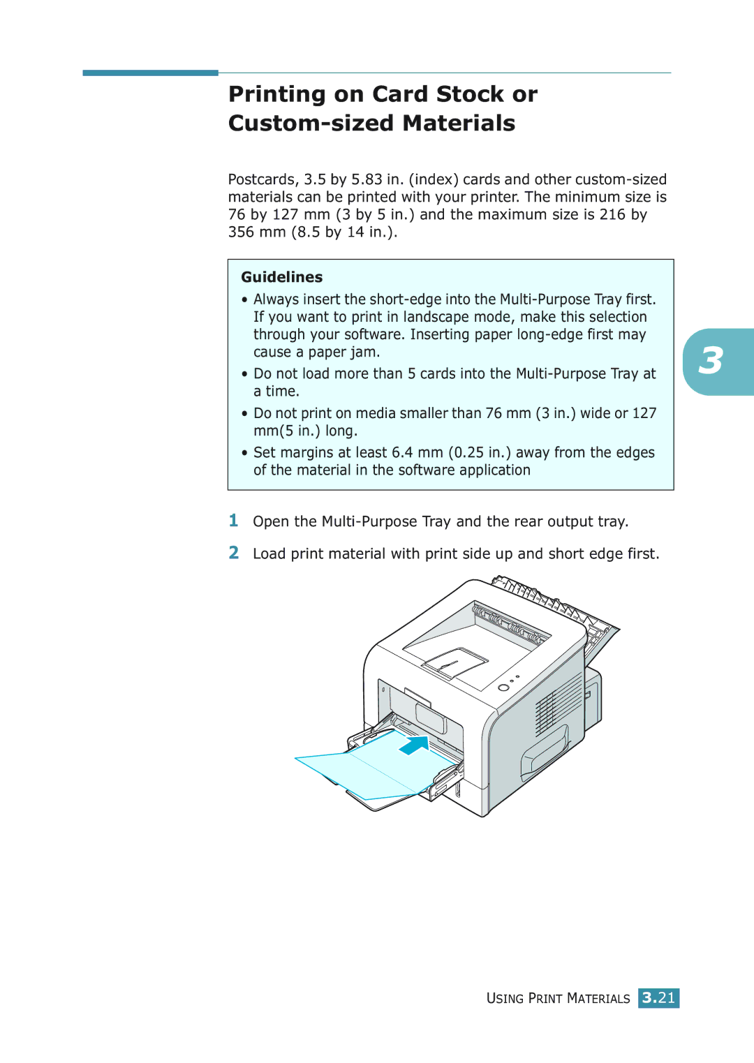 Samsung ML-2251NP manual Printing on Card Stock or Custom-sized Materials 