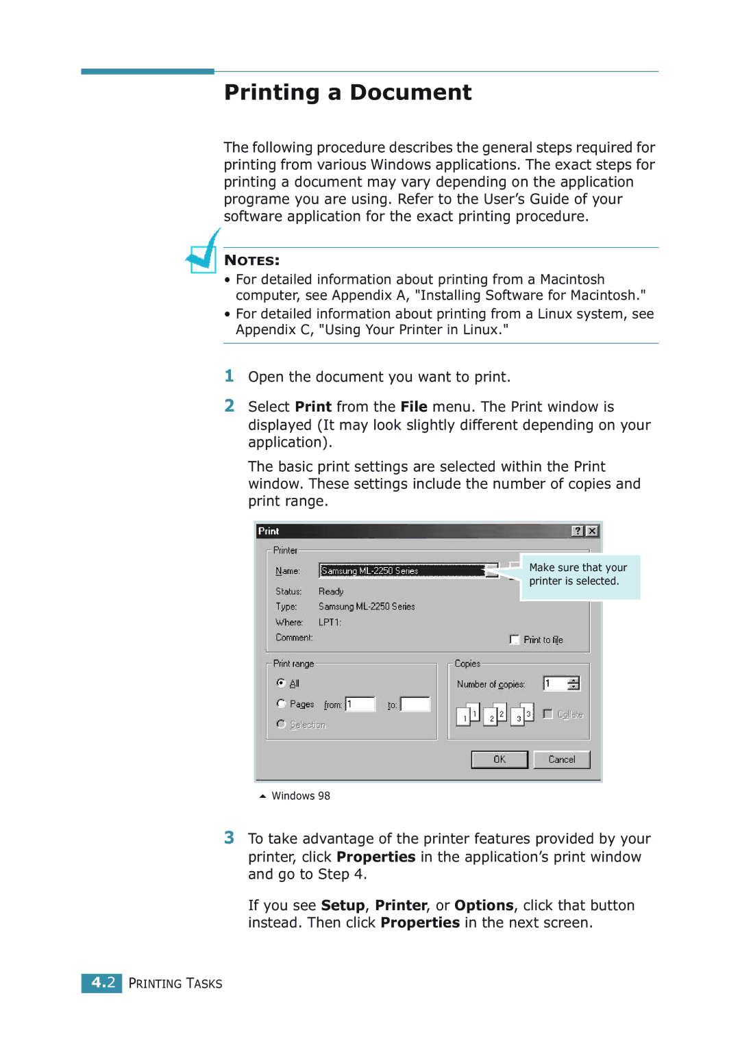 Samsung ML-2251NP manual Printing a Document 