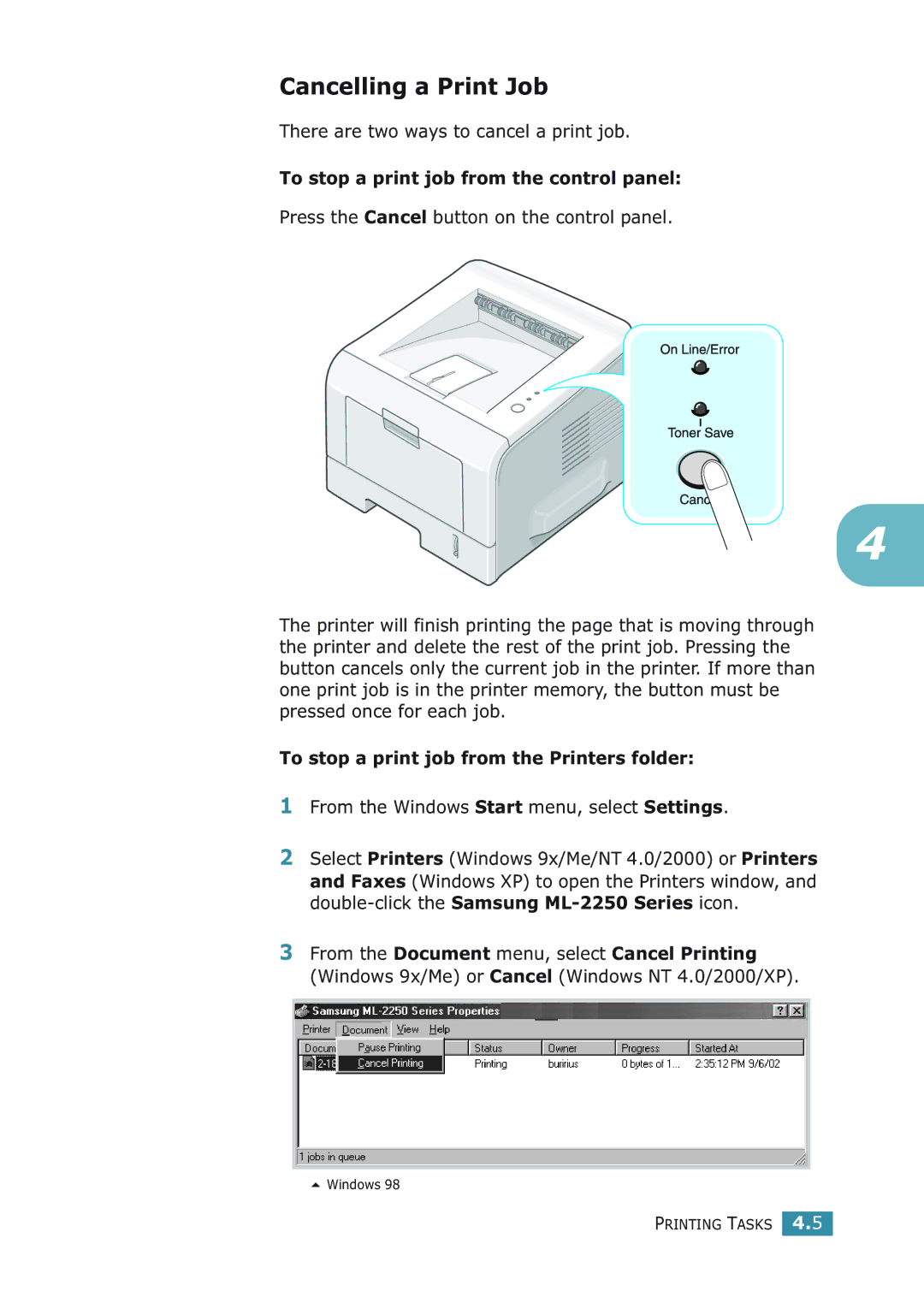 Samsung ML-2251NP manual Cancelling a Print Job, There are two ways to cancel a print job 