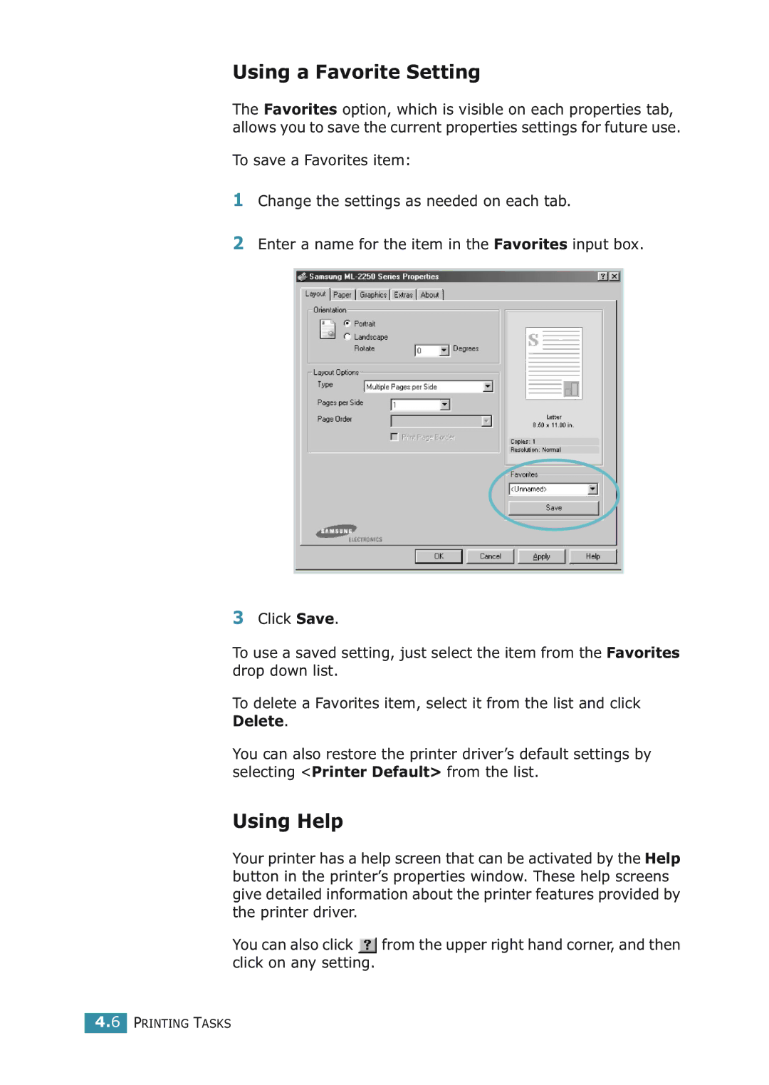 Samsung ML-2251NP manual Using a Favorite Setting, Using Help 