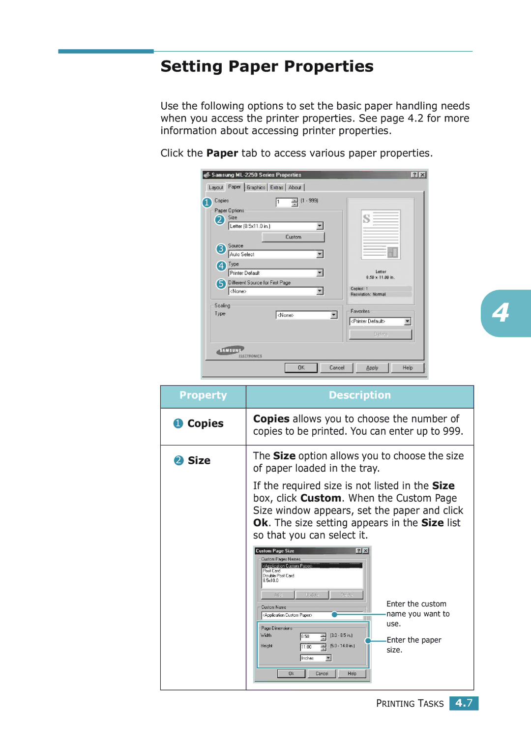 Samsung ML-2251NP manual Setting Paper Properties, Property Description, Copies, Size 