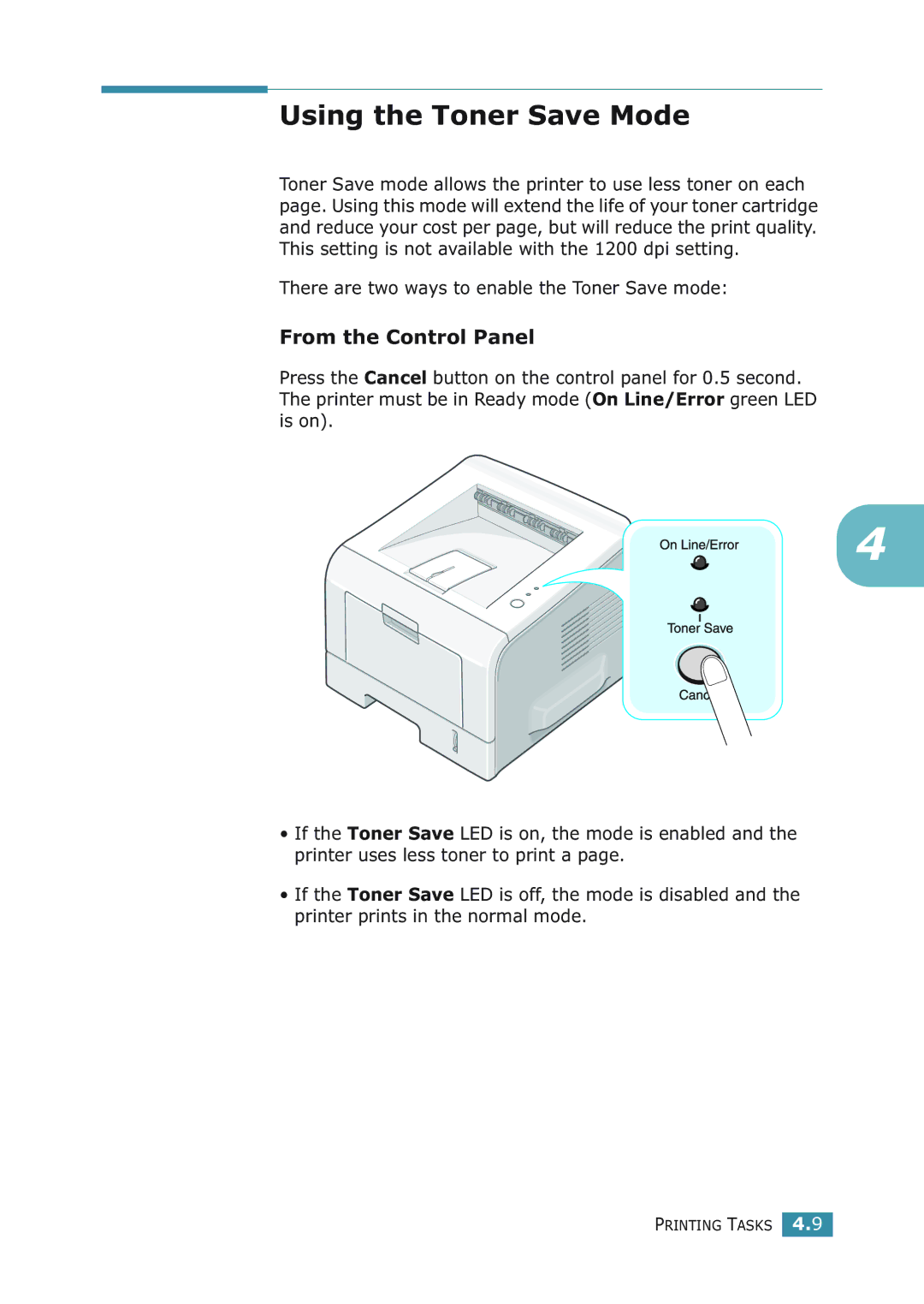 Samsung ML-2251NP Using the Toner Save Mode, From the Control Panel, There are two ways to enable the Toner Save mode 