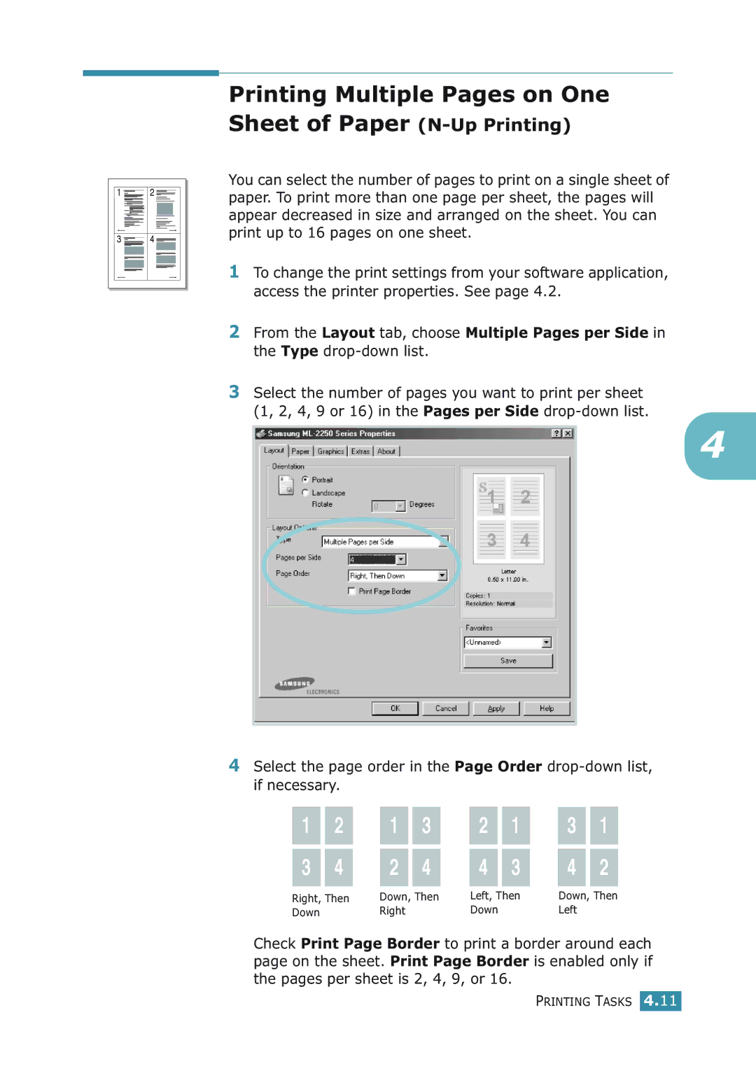 Samsung ML-2251NP manual Printing Multiple Pages on One Sheet of Paper N-Up Printing 