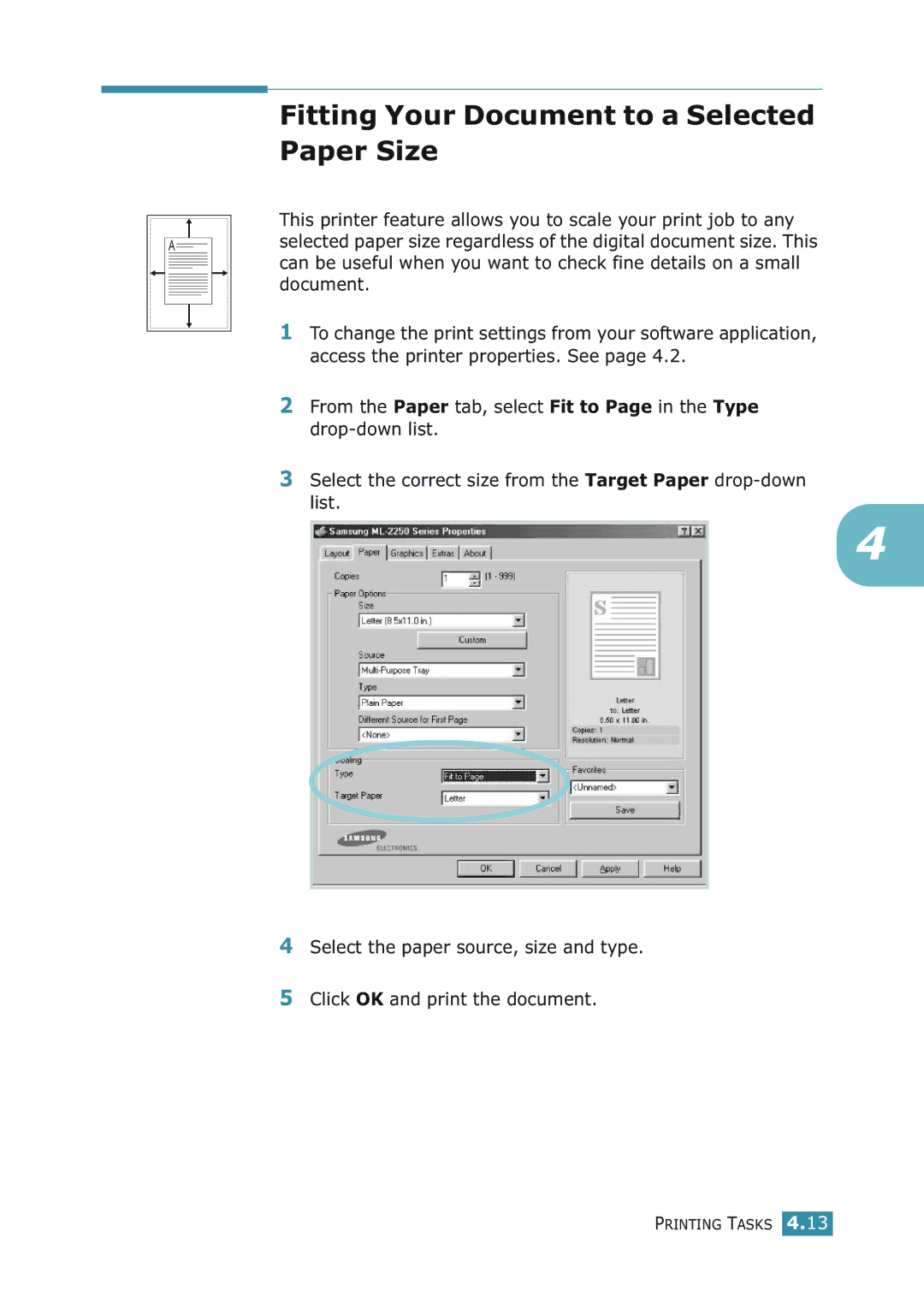 Samsung ML-2251NP manual Fitting Your Document to a Selected Paper Size 