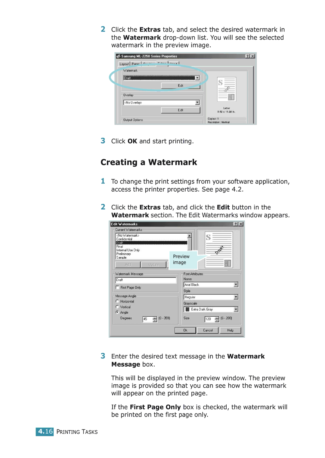 Samsung ML-2251NP manual Creating a Watermark, Click OK and start printing 