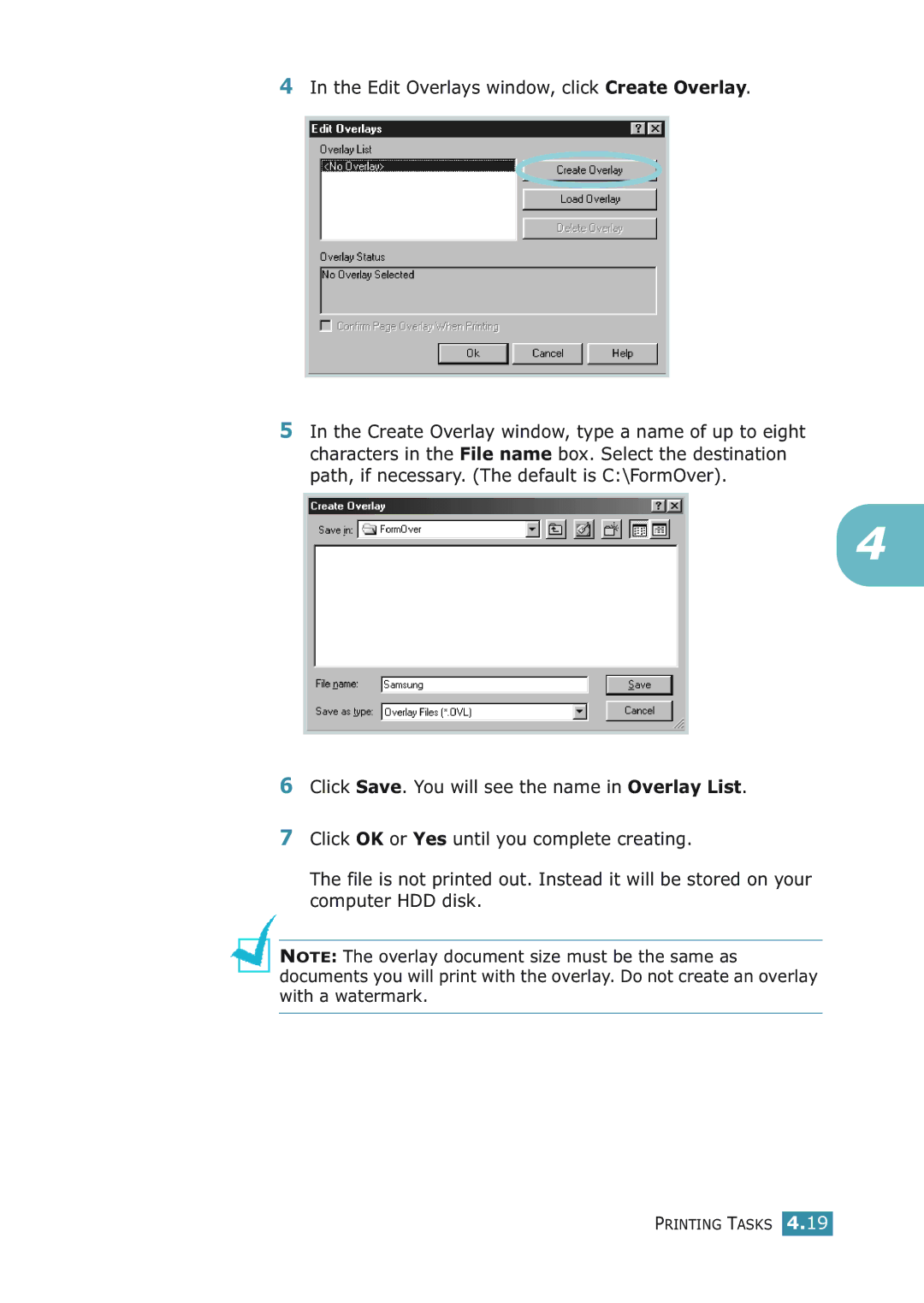 Samsung ML-2251NP manual Edit Overlays window, click Create Overlay 