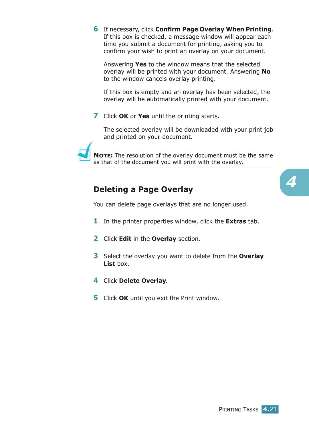 Samsung ML-2251NP manual Deleting a Page Overlay, Click Delete Overlay, Click OK until you exit the Print window 