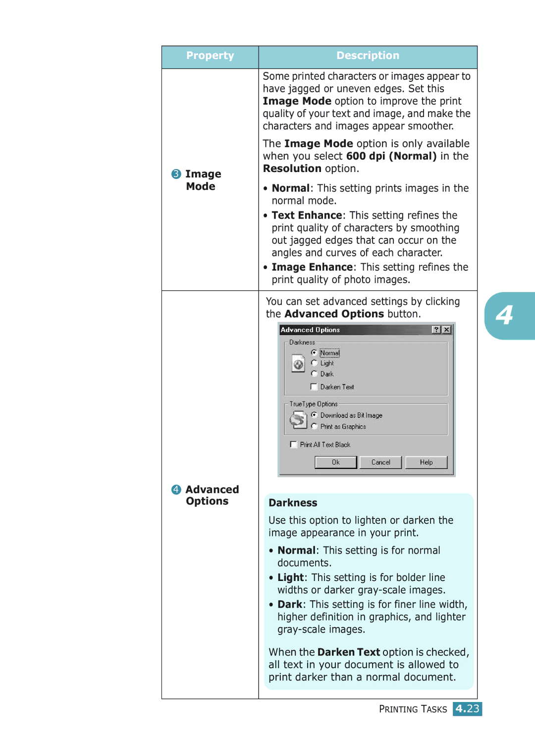 Samsung ML-2251NP manual Image Resolution option Mode, Advanced Options button, Advanced Options Darkness 