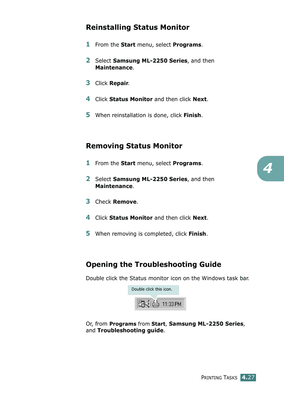 Samsung ML-2252W, ML-2251N, ML-2250 Reinstalling Status Monitor, Removing Status Monitor, Opening the Troubleshooting Guide 