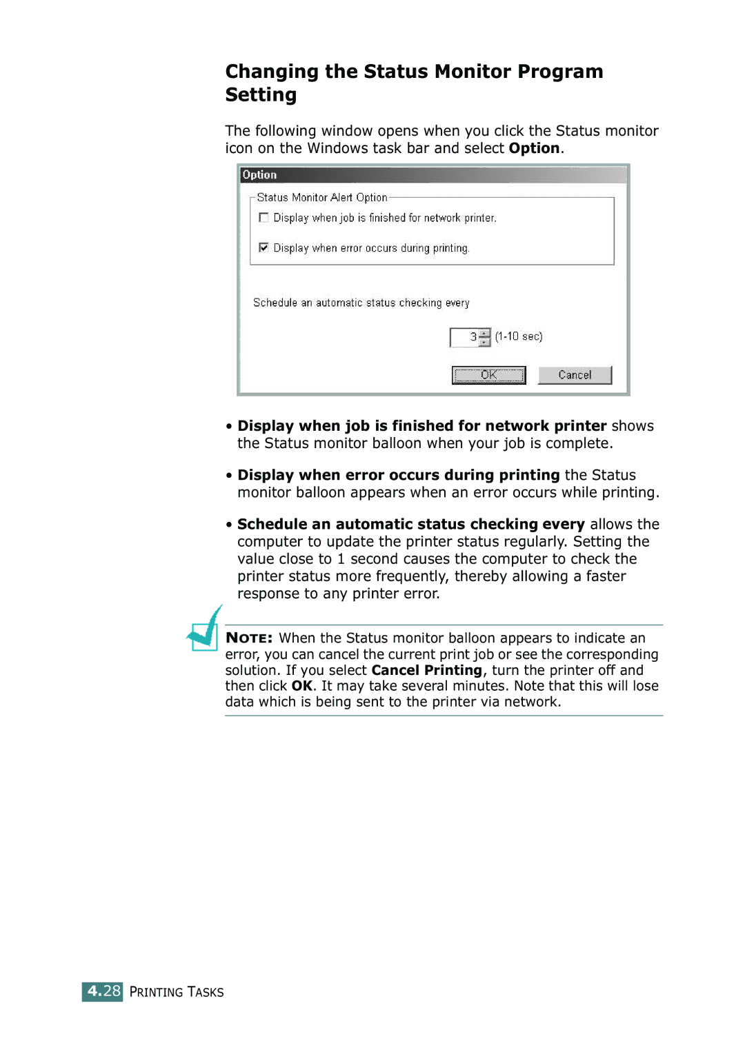 Samsung ML-2251N, ML-2252W, ML-2250 manual Changing the Status Monitor Program Setting 