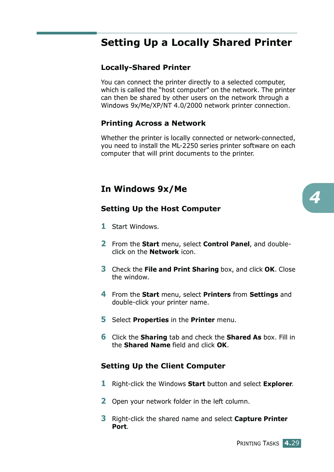 Samsung ML-2250, ML-2252W, ML-2251N manual Setting Up a Locally Shared Printer, Windows 9x/Me 