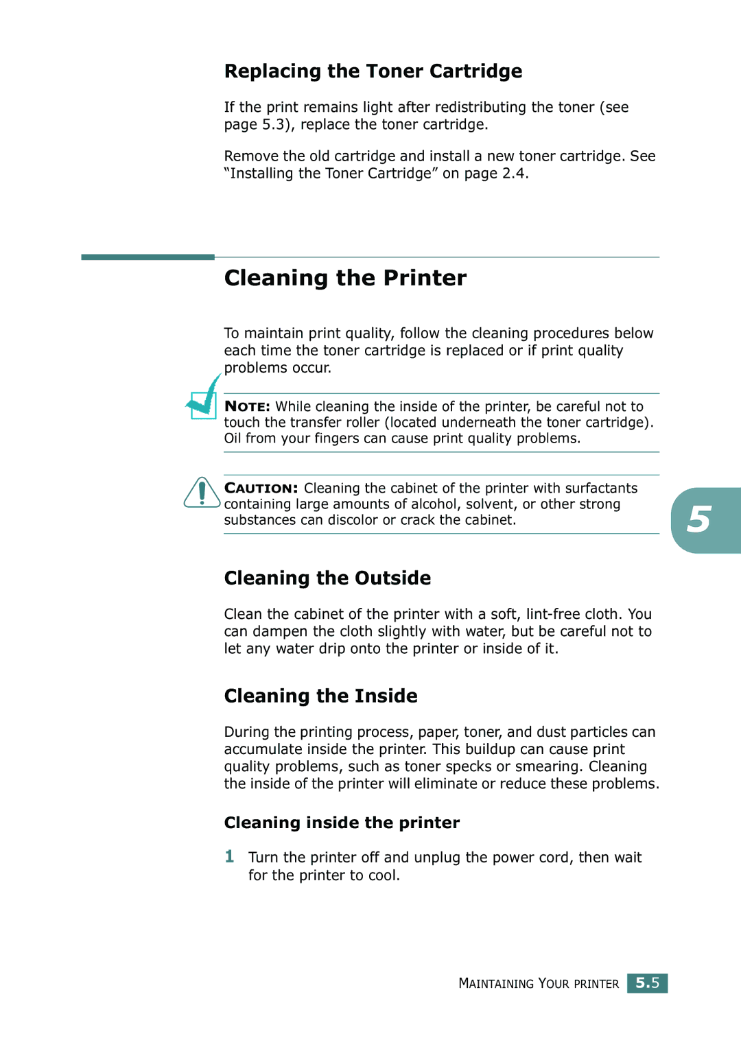 Samsung ML-2251N, ML-2252W Cleaning the Printer, Replacing the Toner Cartridge, Cleaning the Outside, Cleaning the Inside 