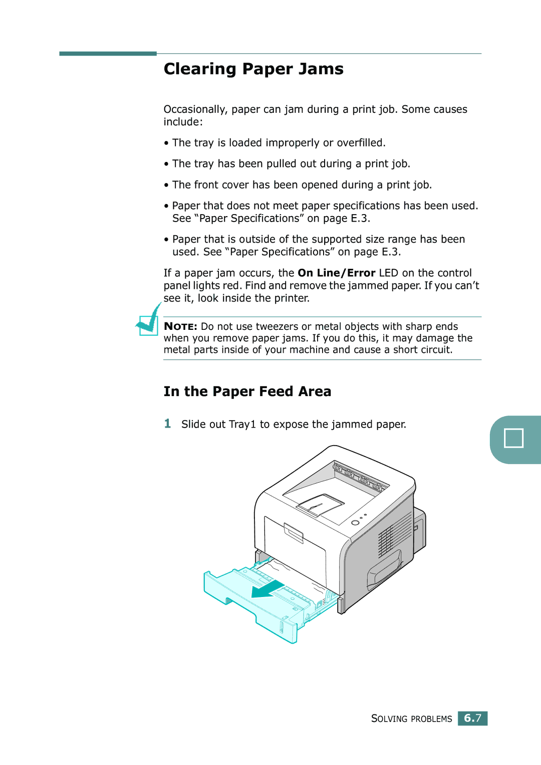 Samsung ML-2251N, ML-2252W, ML-2250 manual Clearing Paper Jams, Paper Feed Area, Slide out Tray1 to expose the jammed paper 