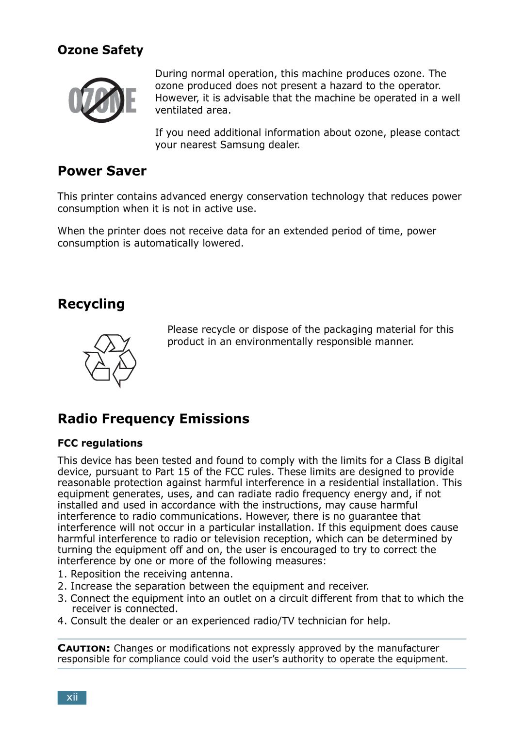 Samsung ML-2251N, ML-2252W, ML-2250 manual Power Saver, Recycling, Radio Frequency Emissions, FCC regulations 