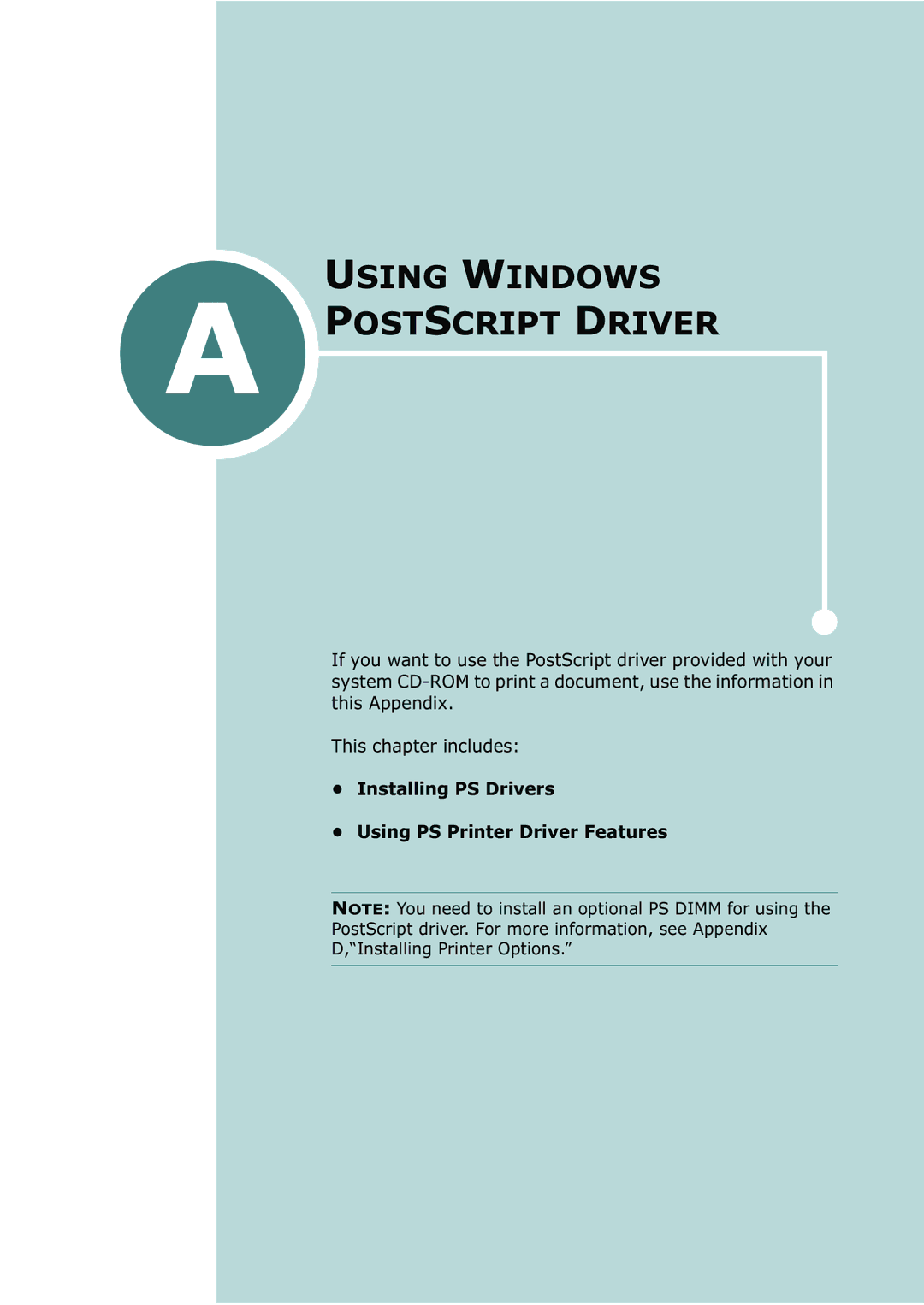 Samsung ML-2252W, ML-2251N, ML-2250 Using Windows Postscript Driver, Installing PS Drivers Using PS Printer Driver Features 