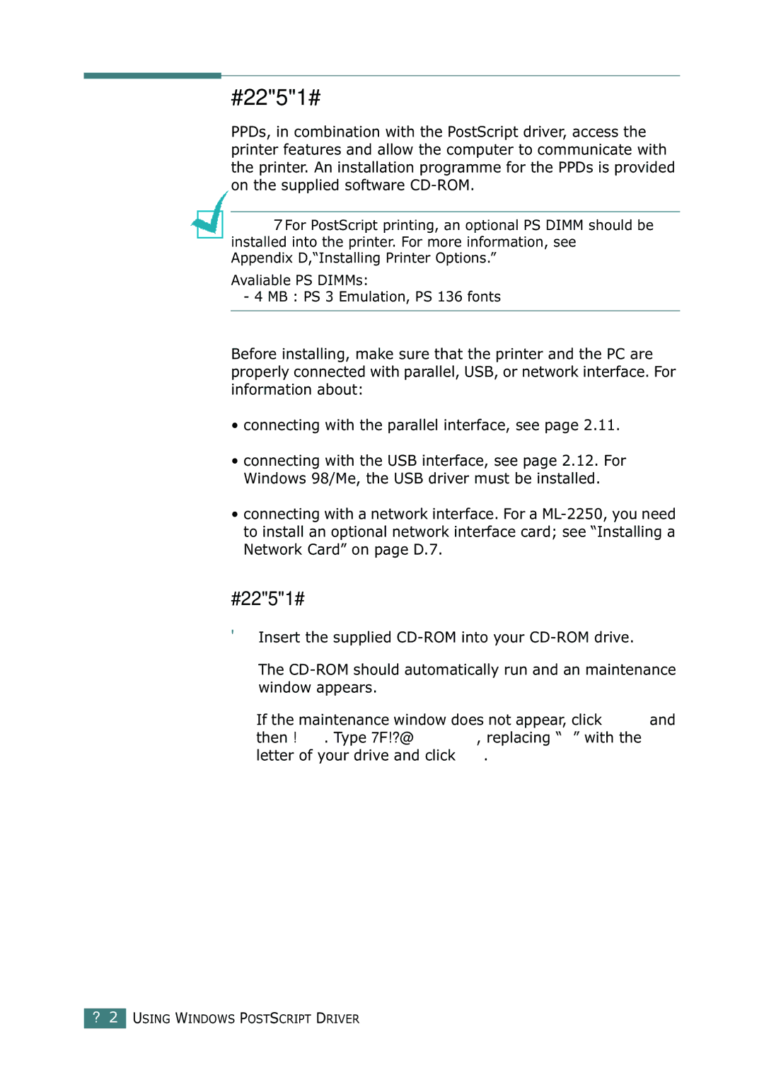 Samsung ML-2251N, ML-2252W, ML-2250 manual Installing PS Drivers 