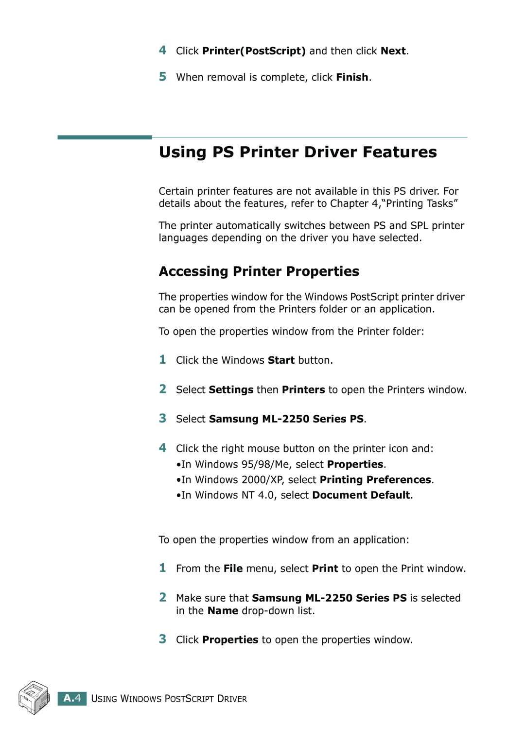 Samsung ML-2252W Using PS Printer Driver Features, Accessing Printer Properties, When removal is complete, click Finish 