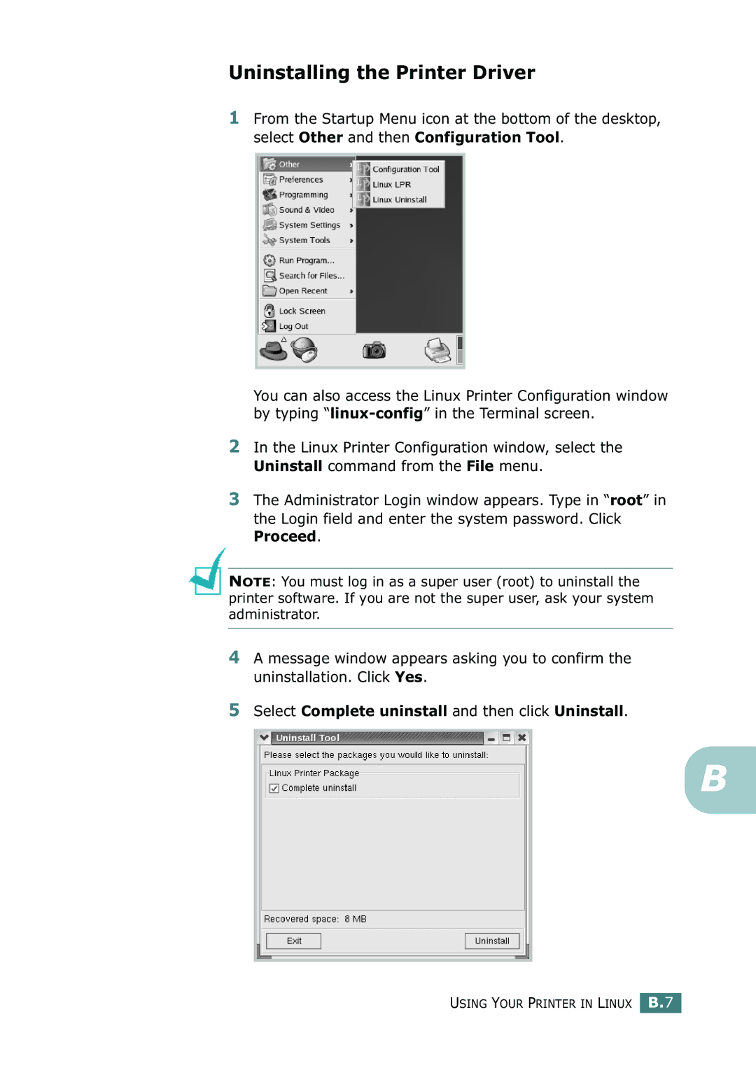 Samsung ML-2251N, ML-2252W, ML-2250 Uninstalling the Printer Driver, Select Complete uninstall and then click Uninstall 