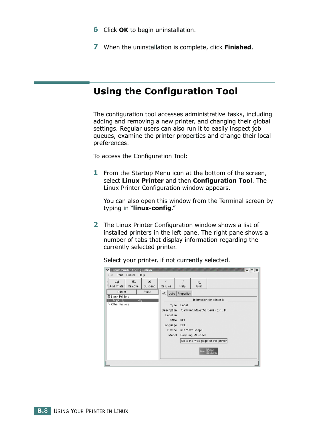 Samsung ML-2250, ML-2252W, ML-2251N manual Using the Configuration Tool 